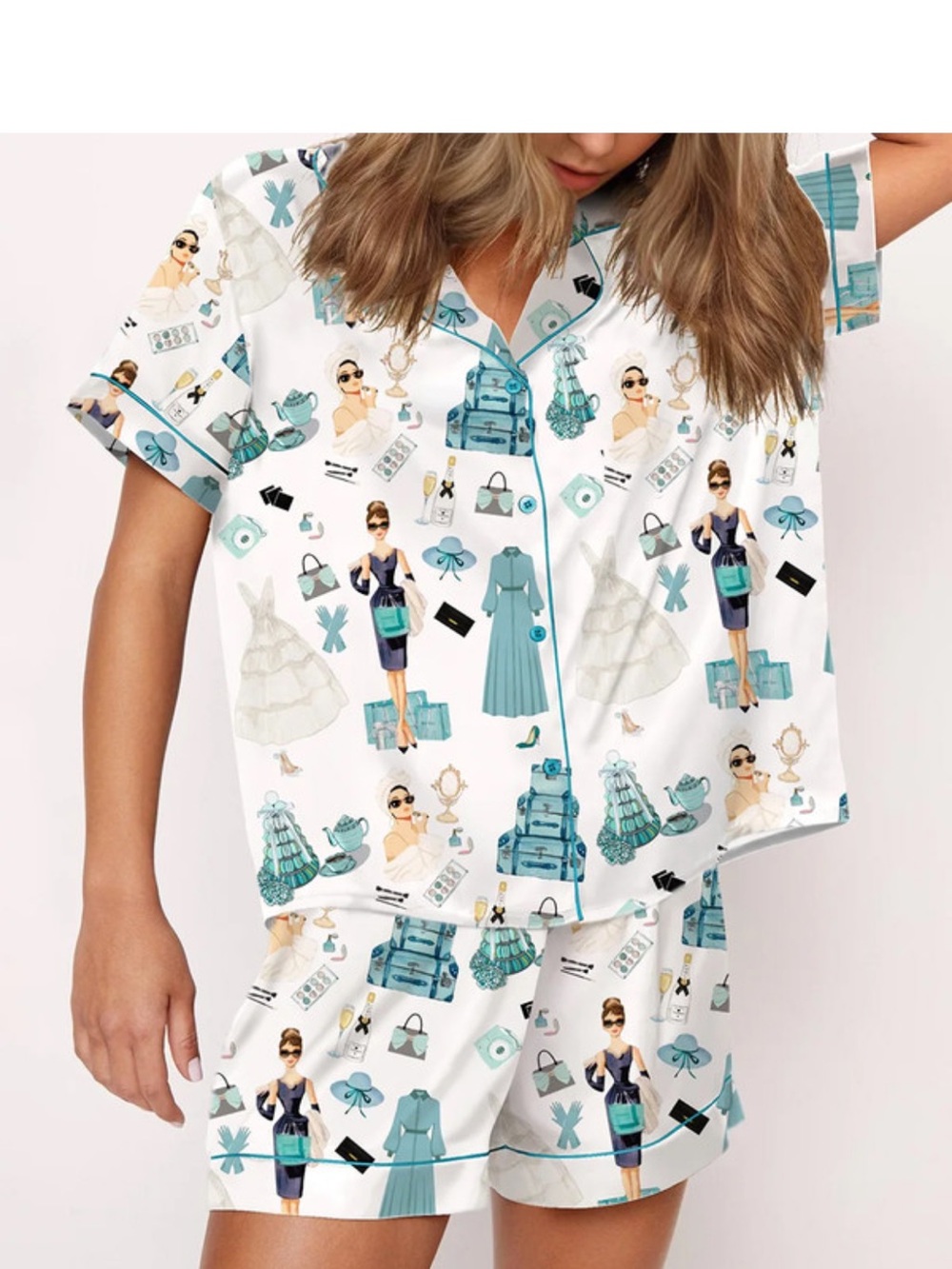 Audrey Hepburn “Breakfast At Tiffany’s” Themed White & Teal Pajama Shorts | Sz M